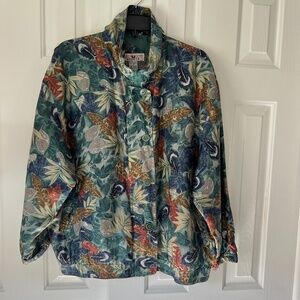 Women’s Vintage Stunt Sports Large Silk Jacket Floral Green Blue Feathers Fall